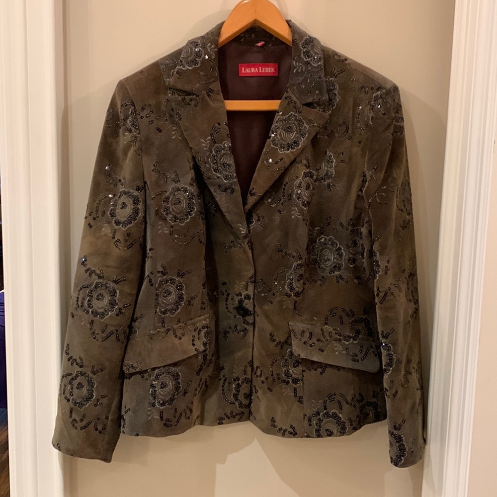 Women’s fall/winter jacket. Brand is Laura Lebek. Dark green w black sequins.